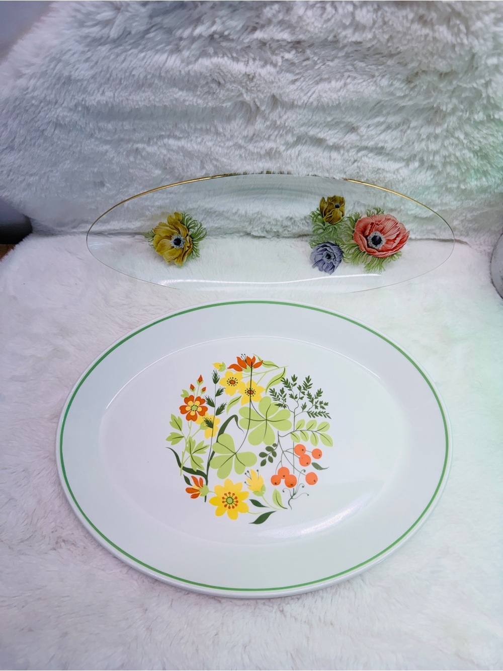 Set of Floral Green/Gold Trim Serving Platters White w/ Multicolor Flower Design